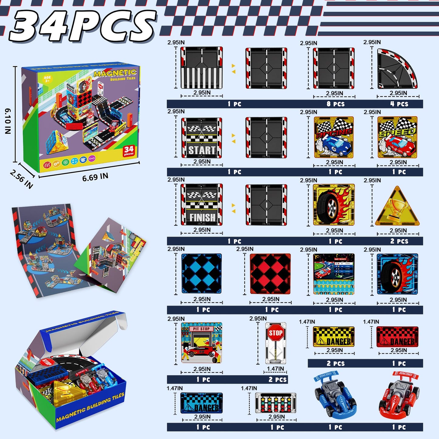 Magtribe™【Racing Car】Magnetic Building Blocks | 34 PCS | 3.0" | Tile