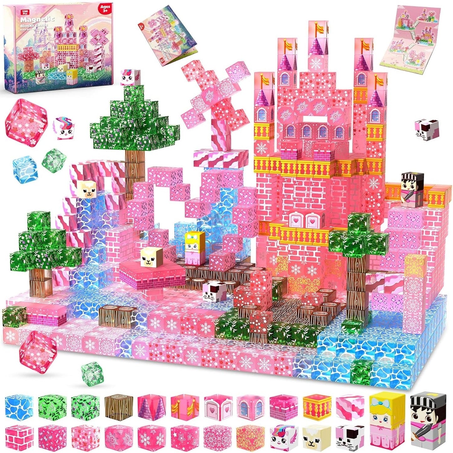 Magtribe™【Clear Pink】Magnetic Building Blocks | 100 PCS | 0.8" | Castle