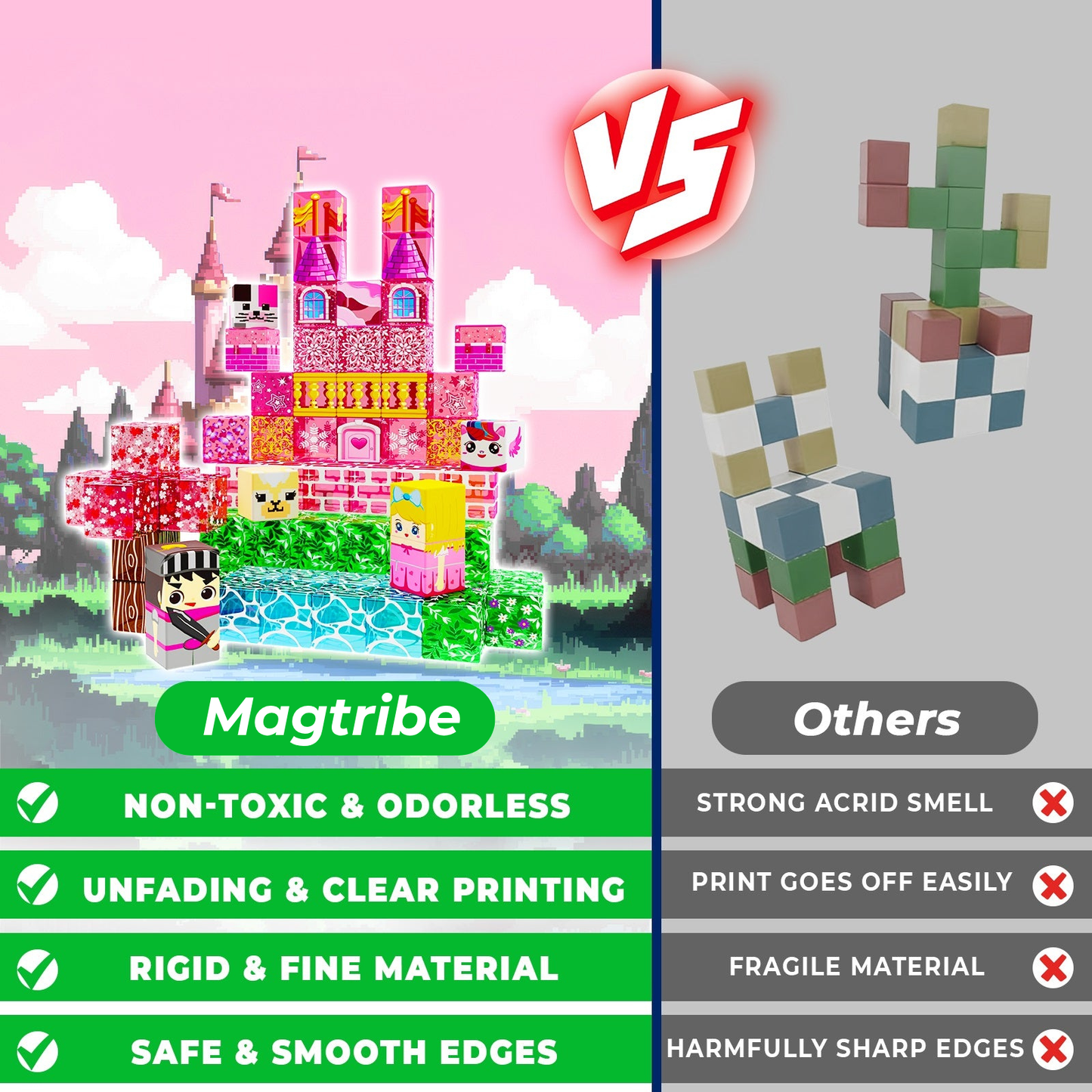 Magtribe™【Clear Pink】Magnetic Building Blocks | 100 PCS | 0.8" | Castle