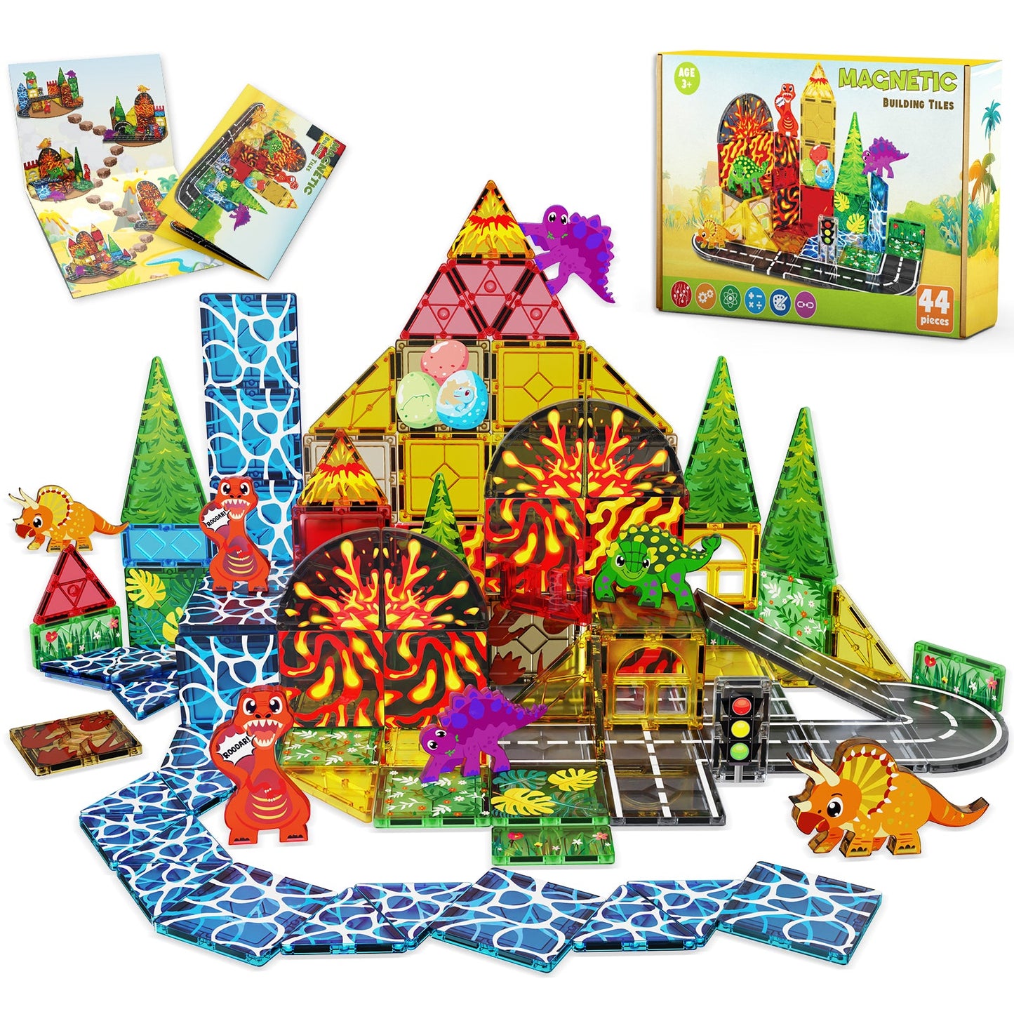 Magtribe™【Dinosaur x Traffic】Magnetic Building Blocks | 44 PCS | 3.0" | Tile
