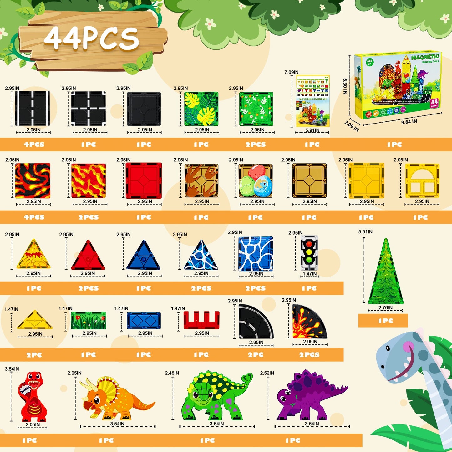 Magtribe™【Dinosaur x Traffic】Magnetic Building Blocks | 44 PCS | 3.0" | Tile