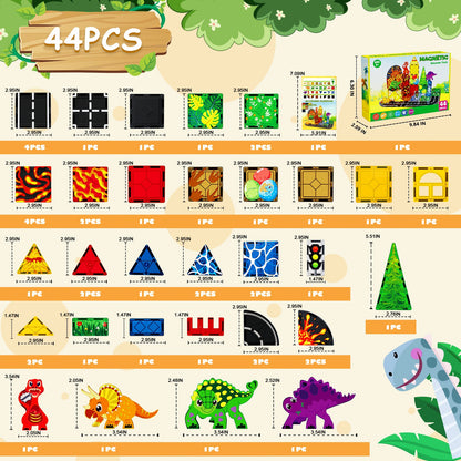 Magtribe™【Dinosaur x Traffic】Magnetic Building Blocks | 44 PCS | 3.0" | Tile