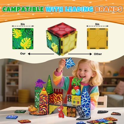 Magtribe™【Dinosaur x Traffic】Magnetic Building Blocks | 44 PCS | 3.0" | Tile