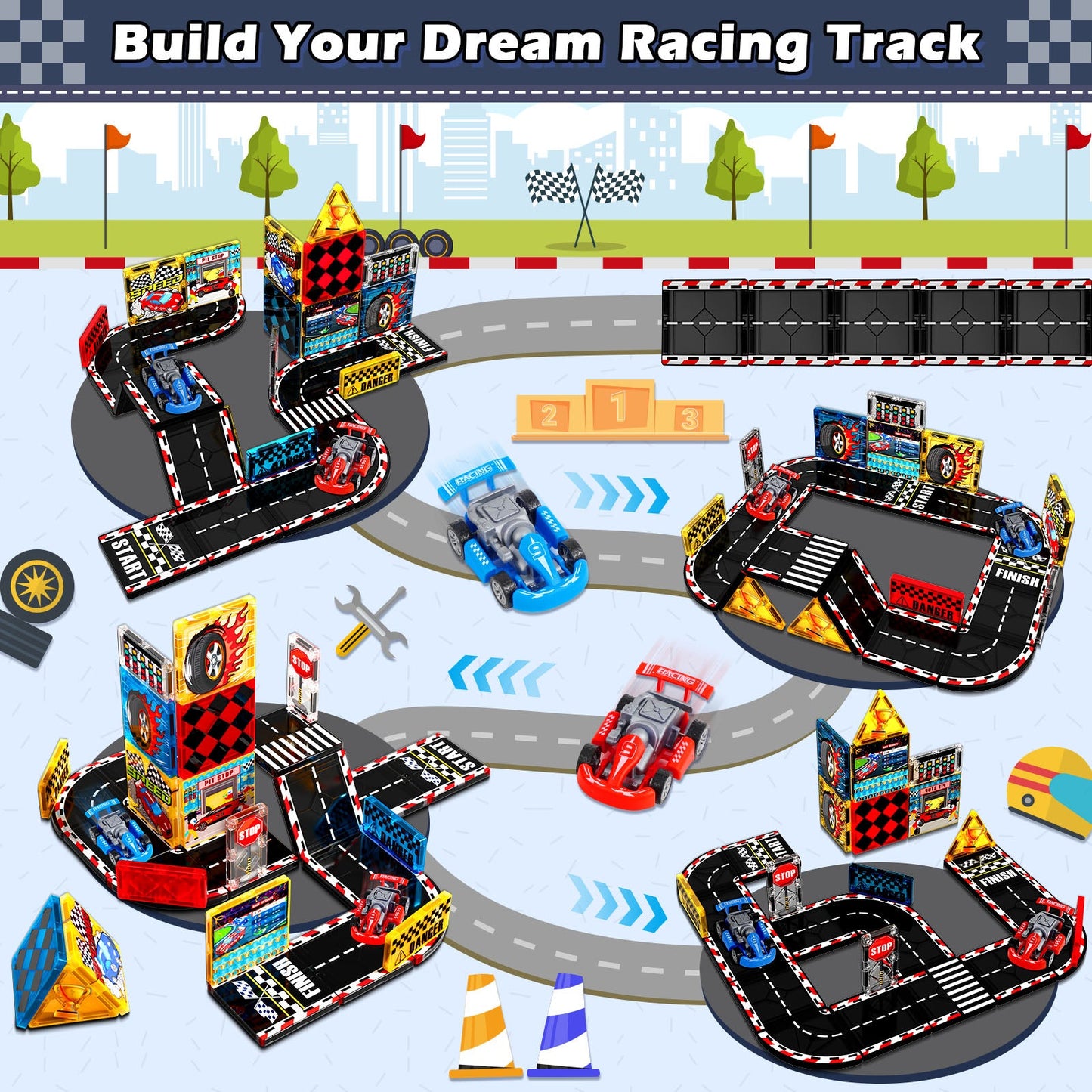 Magtribe™【Racing Car】Magnetic Building Blocks | 34 PCS | 3.0" | Tile