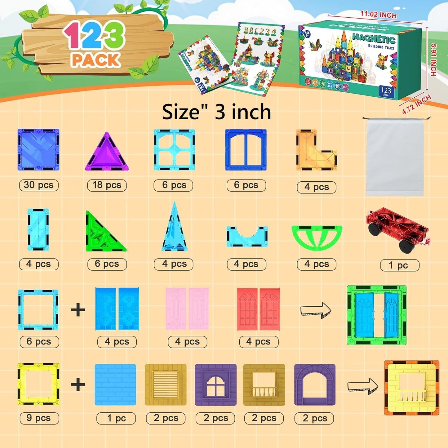 Magtribe™【Clear Set】Magnetic Building Blocks | 123 PCS | 3.0" | Tile