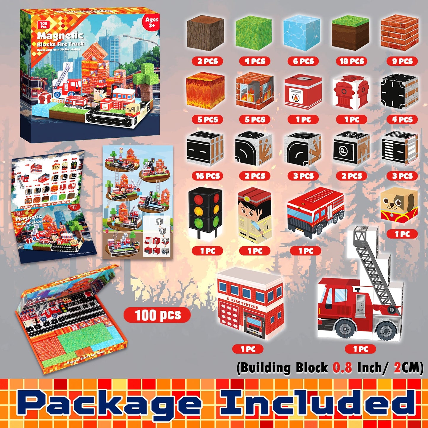 Magtribe™【Fire Fighting】Magnetic Building Blocks | 100 PCS | 0.8" | Village