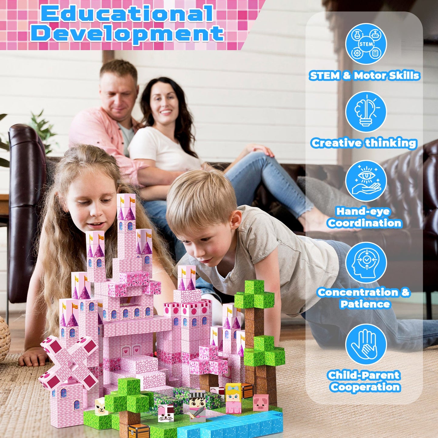 Magtribe™【Sakura Pink】Magnetic Building Blocks | 100 PCS | 0.8" | Castle