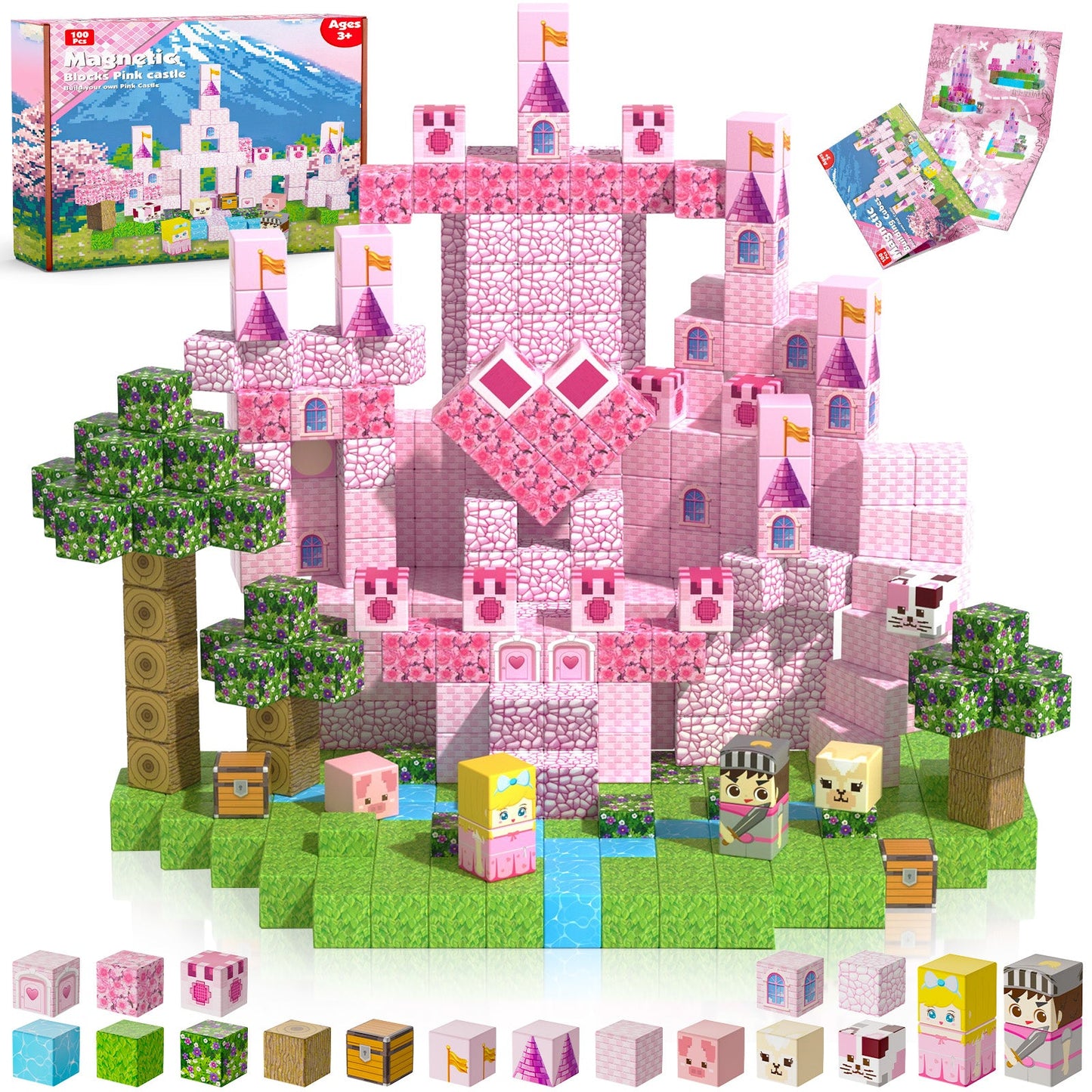 Magtribe™【Sakura Pink】Magnetic Building Blocks | 100 PCS | 0.8" | Castle