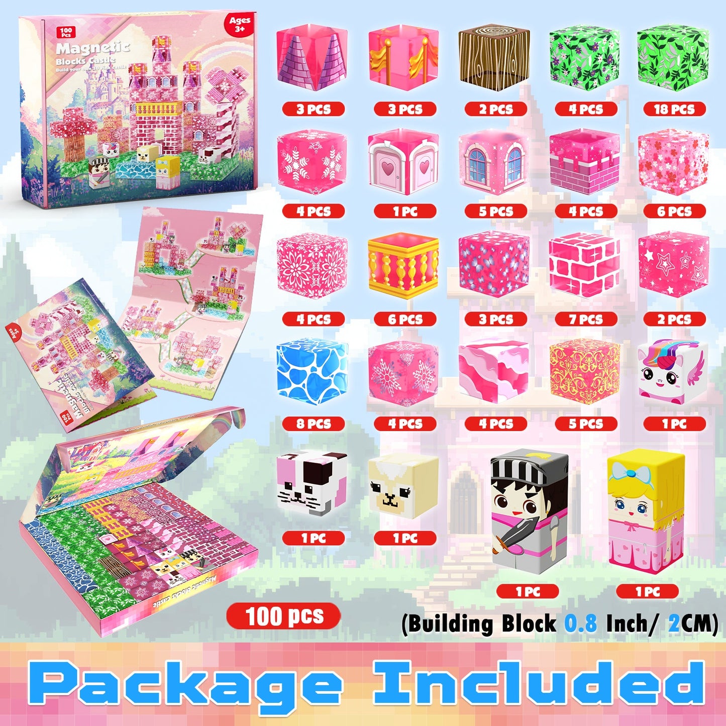 Magtribe™【Clear Pink】Magnetic Building Blocks | 100 PCS | 0.8" | Castle