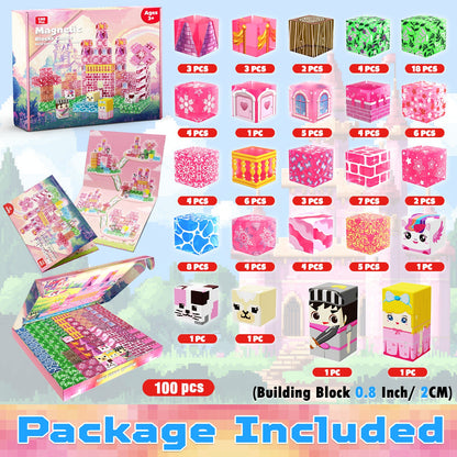 Magtribe™【Clear Pink】Magnetic Building Blocks | 100 PCS | 0.8" | Castle
